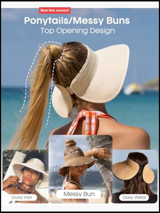 Wide Brim Sun Hat with Ponytail Hole - Paper Straw Visor UPF 80+